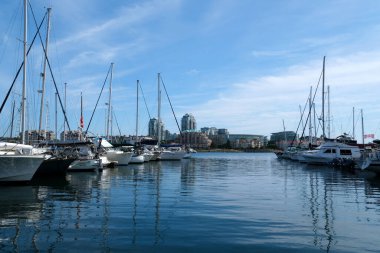 Victoria British Columbia, Canada Fishermans Rıhtım Evi Vancouver Adası BC Boat and Yachts 'da İç Liman' daki Fishermans Wharf Marina 'da yüzen balıkçılar. Yüksek kalite 4k