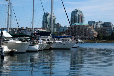Victoria British Columbia, Canada Fishermans Rıhtım Evi Vancouver Adası BC Boat and Yachts 'da İç Liman' daki Fishermans Wharf Marina 'da yüzen balıkçılar. Yüksek kalite 4k