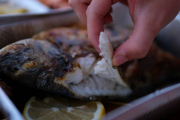 Someone is trying to eat fried dorado with their hands Cooking dorado fish with orange. High quality photo