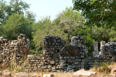 Arnavutluk 'un Butrint Ulusal Parkı' ndaki Büyük Bazilika kalıntıları. Butrint Life 'daki Triconch Sarayı tarihi ortaçağ Venedik Kulesi' nin sarayındaki tarihi bir Roma evinin ölümü. Yüksek kalite