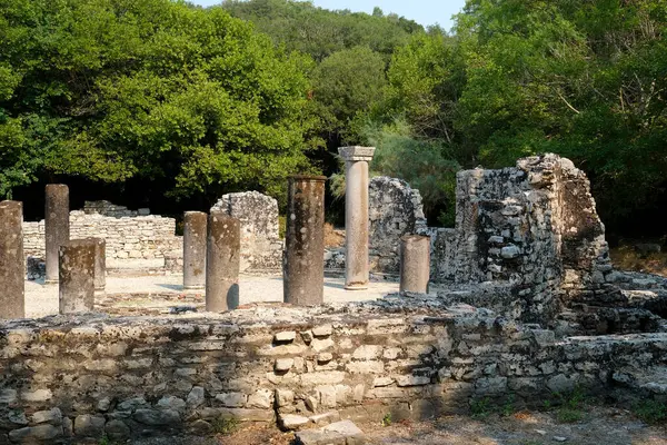 stock image Ruins of Great Basilica in Butrint National Park, Buthrotum, Albania. Triconch Palace at Butrint Life and death of an ancient Roman house Historical medieval Venetian Tower surrounded. High quality