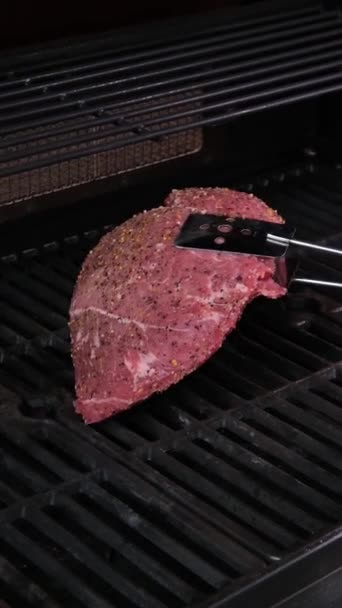 불꽃과 고기의 육즙이 조각의 클로즈업 조리법 조리법 진짜로 스테이크의 고품질 — 비디오
