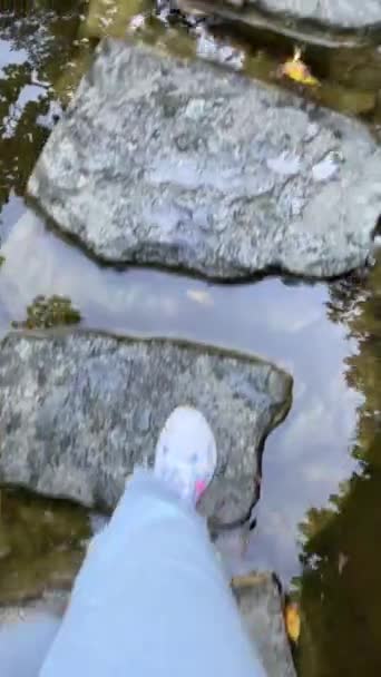 Female Feet Walking Stones Water Jeans Sneakers Girl Walking Walking — Stock Video