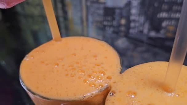 Verser Carotte Orange Mandarine Pomme Orange Pêche Abricot Jus Dans — Video