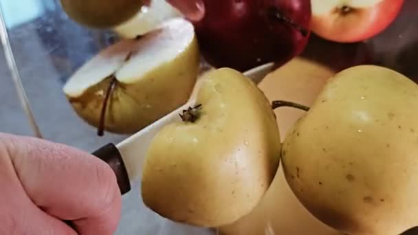 Pomme Mûre Croustillante Coupée Morceaux Couchés Bord Pomme Mûre Coupée — Video