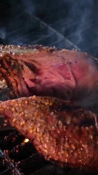 Close View Juicy Cooked Slices Meat Flames Original Dish Recipe — Stock Video