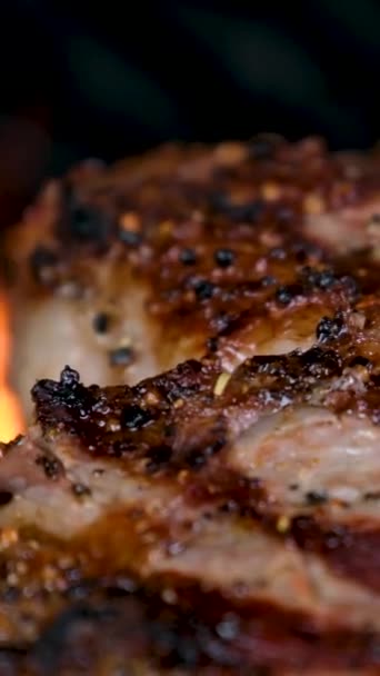 Close Zicht Sappige Gekookte Plakjes Vlees Met Vlammen Origineel Gerecht — Stockvideo