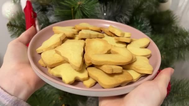 在靠近圣诞树的粉红盘上 手拿着饼干 漂亮的人 糖果棒 星形圣诞树和烤盘的靴子 红树玩具新年圣诞Diy烘焙 — 图库视频影像