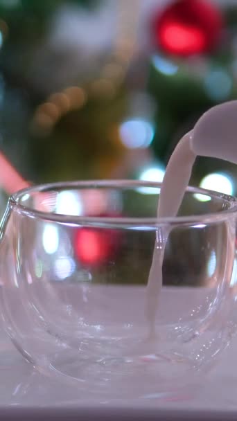 Pouring Hot Milk Glass Cup Milk Poured Transparent Glass Camera — Stock Video