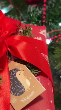 Noel ağacının yanında yeni yıl hediyelerini kırmızı paketlerle paketlemek. Noel Baba 'nın içinde ne olduğunu tahmin et.