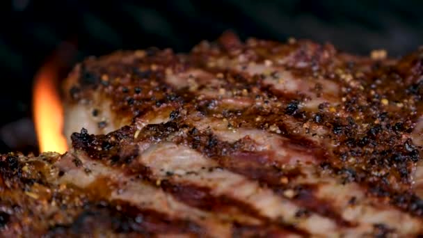 烤肉牛排放在不锈钢烤架上 黑色底火熊熊燃烧 食品和烹饪概念 高质量的4K镜头 — 图库视频影像