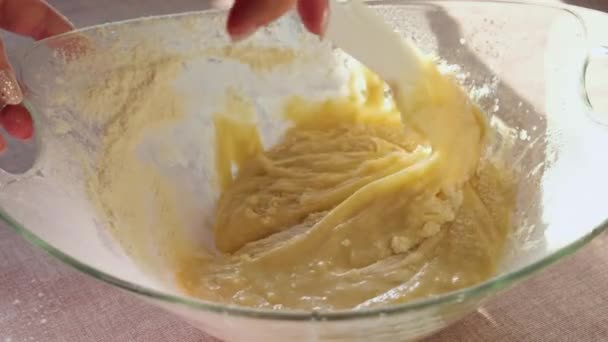 Woman Hand Adding Flour Dough Continue Kneading High Quality Footage — Stock Video