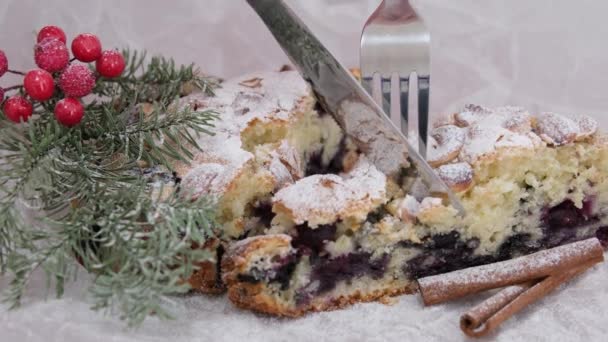 설탕과 크리스마스 디저트 간식으로 뿌려진 테이스팅으로 근처에 열매와 맛있는 Strudel — 비디오