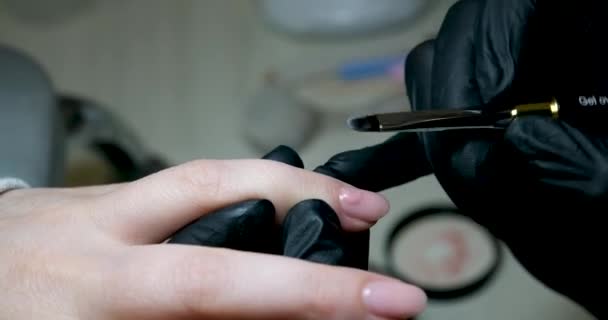 Zbliżenie Zdjęcie Kobiety Salonie Paznokci Otrzymującej Manicure Kosmetyczki Metalowym Pilnikiem — Wideo stockowe