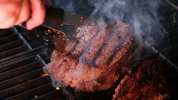 Rostning Saftig Kött Biff Med Kryddor Och Örter Brinnande Kol — Stockvideo