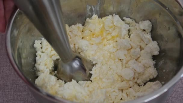 Woman Blends Cottage Cheese Mass Blender Mixing Curd Dough White — Stock Video
