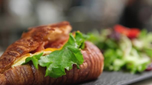 Buaya Lezat Dengan Ham Dan Keju Ditempatkan Piring Putih Dekat — Stok Video
