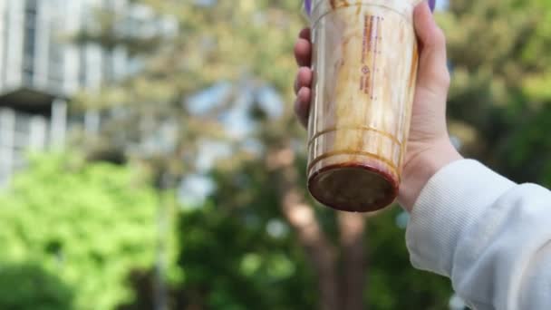 Kuromitsu Siyah Şeker Şurubuyla Köpüklü Sütlü Çay Plastik Bardağı Tayvan — Stok video