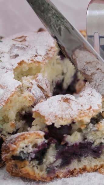 Delicious New Years Strudel Berries Tree Branch Cut Knife Fork — Stock Video