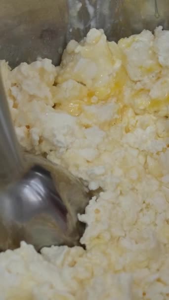 Woman Blends Cottage Cheese Mass Blender Mixing Curd Dough White — Stock Video