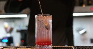 Barmen barda buzlu bir içecek karıştırıyor. Yüksek kalite 4k görüntü