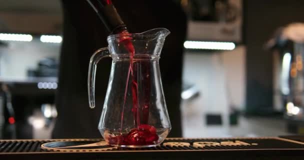 Barista Hand Pouring Strawberry Syrup Lemonade Espresso Cup Ice Cubes — Stock Video
