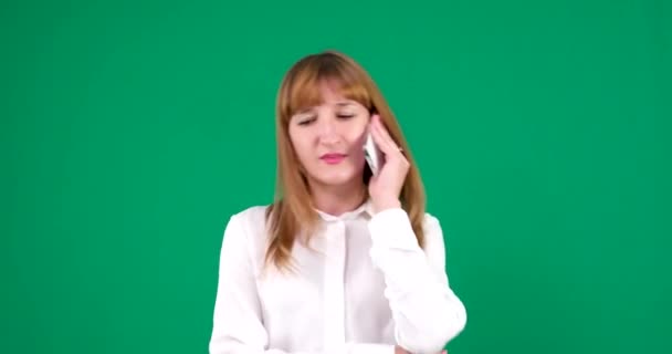 Green Chromakey Background Woman Solves Problems Screams Swears Talks Phone — Stock Video