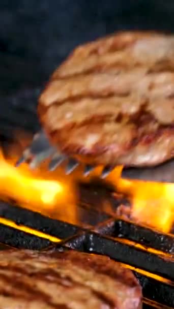 Chef Cooking Barbecue Scene Burgers Flipped Tong Spatula Turner Grill — Stock Video