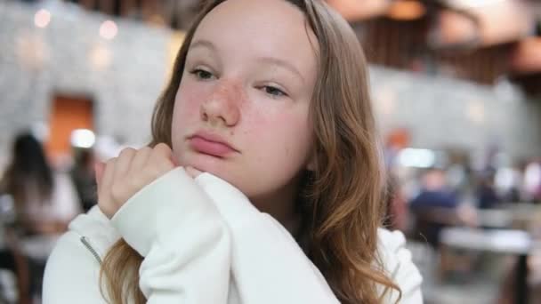 Sadness Sad Boredom Young Teenage Girl Sitting Cafe Alone Leaning — Stock Video