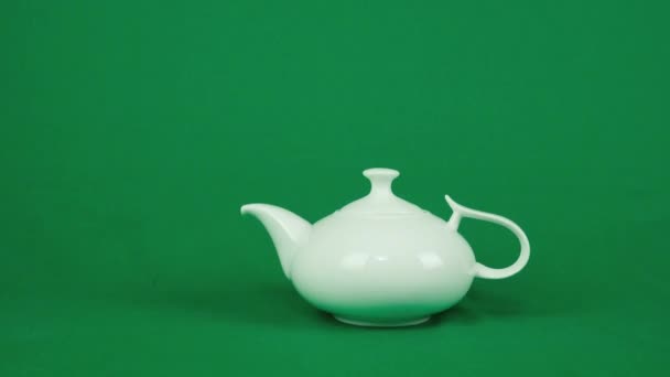 Pot Ceramic Rotate Shot White Teapot Advertising Green Background Chromakey — Stock Video