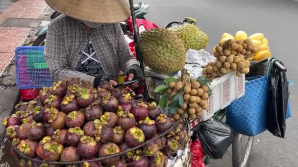 アジアの果物の近くに マゴスティン 市場でブドウ ベトナムで果物を販売するストリートベンダー — ストック動画