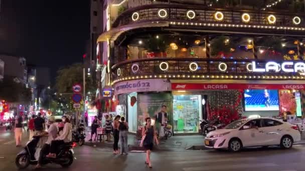 Вид Район Bui Vien Walking Street Зона Туристов Множеством Ресторанов — стоковое видео