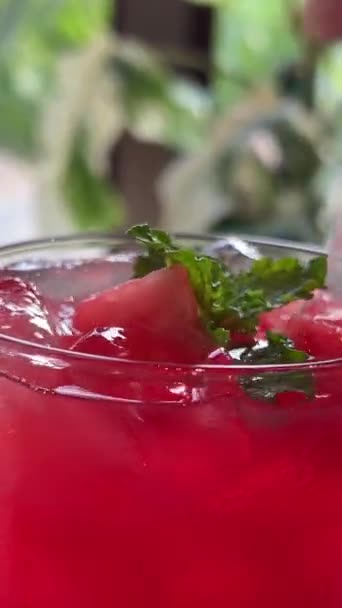 Saftige Wassermelone Wird Mit Violettem Strohwassermelonensaft Wassermelonensaft Und Scheiben Durchbohrt — Stockvideo