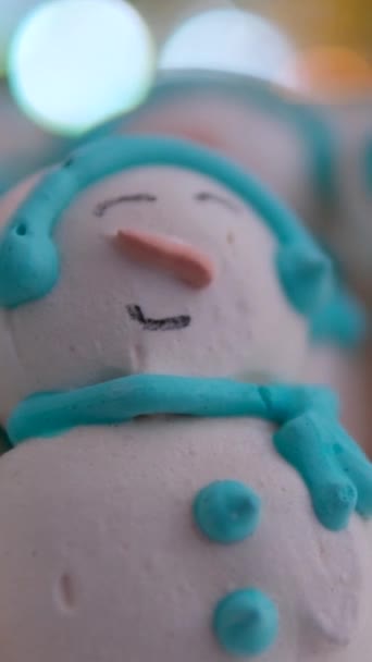 Snowman Dessert Macaron Decorated Hat Scarf Colorful Lights Bokeh Flashing — Stock Video