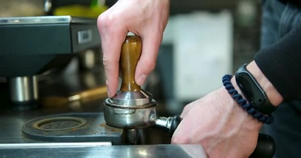 Closeup Shot Shows Process Making Coffee Espresso Machine High Quality — Stock Video