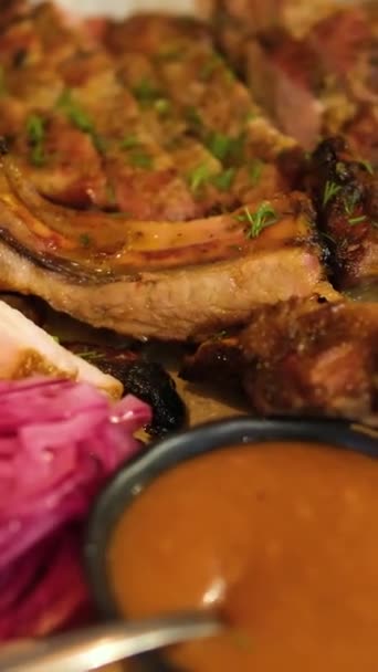 Verschillende Soorten Vlees Een Vleesbord Met Rode Tomaat Chili Saus — Stockvideo