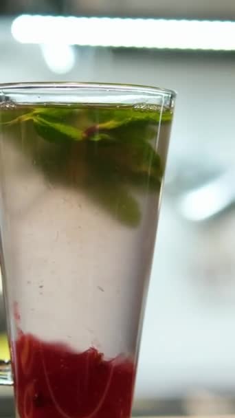 Bebida Vermelha Quente Com Bagas Hortelã Mexa Bar Restaurante Barista — Vídeo de Stock