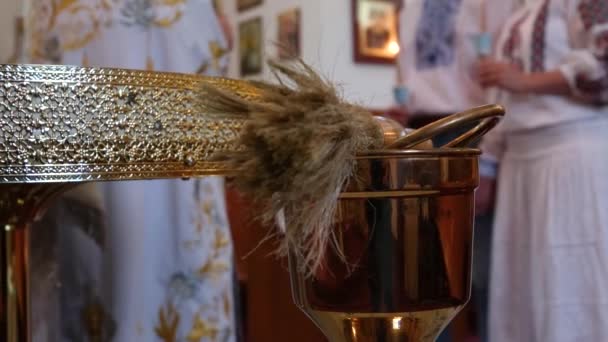 洒在教堂的水桶里 圣水闭合在一起 洒上威士忌酒 用于洒洗礼灌溉 高质量的4K镜头 — 图库视频影像
