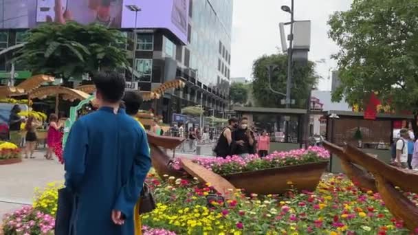 도시에서 베트남에서 사람들이 우아한 의상으로 거리를 낮에는 축제의 거리를 보냅니다 — 비디오