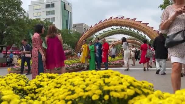 Viering Vietnam Een Grote Stad Familie Mensen Lopen Door Straat — Stockvideo