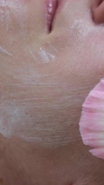 Güzellik, kaplıca ve kadın dinlenmek için güzellik salonunda yüz masajı yaptırıyor. Cilt bakımı için sakin, huzurlu ve lüks bir tedavi stresi azaltmak için masaj terapisi, cilt bakımı ve müşteriye masaj yapan güzellik uzmanı.