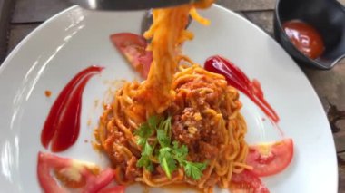 Kapıda domates soslu spagetti, Chiangmai Tayland. Yüksek kalite 4k görüntü