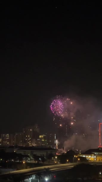 Πυροτεχνήματα Πάνω Από Κτίριο Της Πόλης Νύχτα Γέφυρα Γέφυρα Δρόμο — Αρχείο Βίντεο