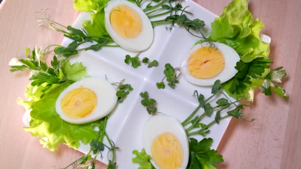 Boiled Eggs Bowl Decorated Parsley Leaves High Quality Footage — Stock Video
