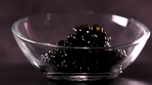 Black Caviar White Plate Olives Lemon Black Background High Quality — Stock Video