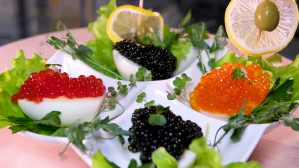 Černý Kaviár Výrobu Lodí Citronu Párátkách Pro Dekoraci Bufetové Restauraci — Stock video