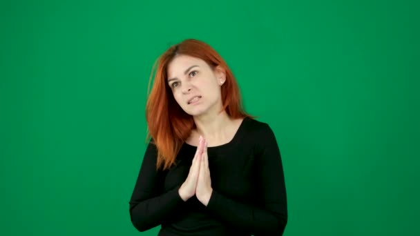 Young Woman Green Background Chroma Key Emotions Close European American — Stock Video