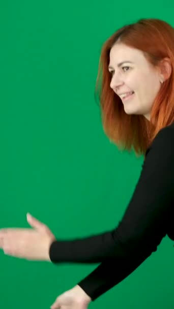 Red Haired Girl Black Clothes Makes Dance Moves Straightens Her — Stock Video