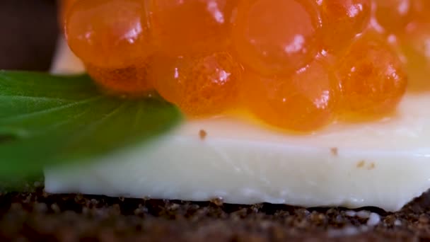 Sandwiches Mit Rotem Und Schwarzem Kaviar Auf Weiß Und Schwarzbrot — Stockvideo