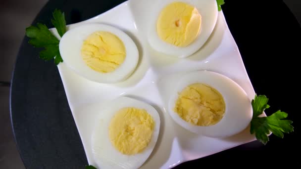 Boiled Eggs Breakfast White Plate Black Background High Quality Footage — Stock Video